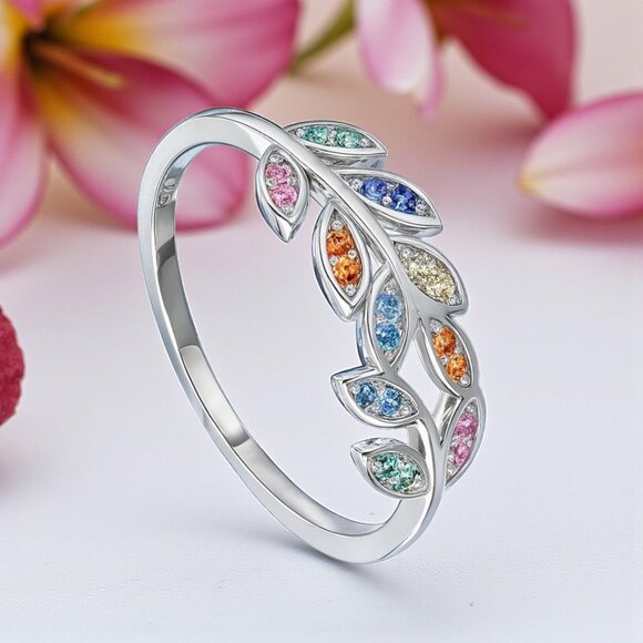 🆕 Minimalist Leaf Ring S925 Sterling Silver Colorful Zirconia Dainty Jewelry - Picture 1 of 11